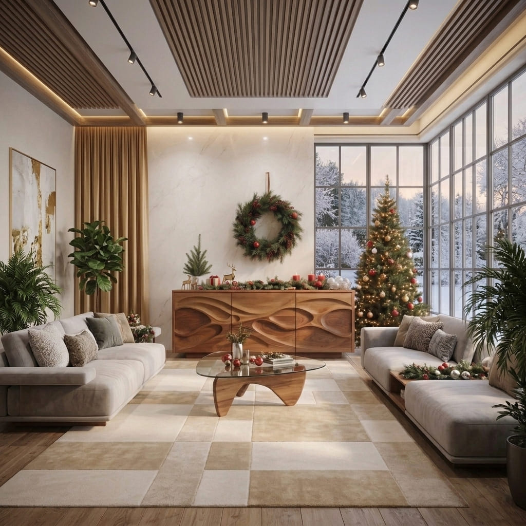 Handcrafted sculptural solid wood sideboard in a modern living room
