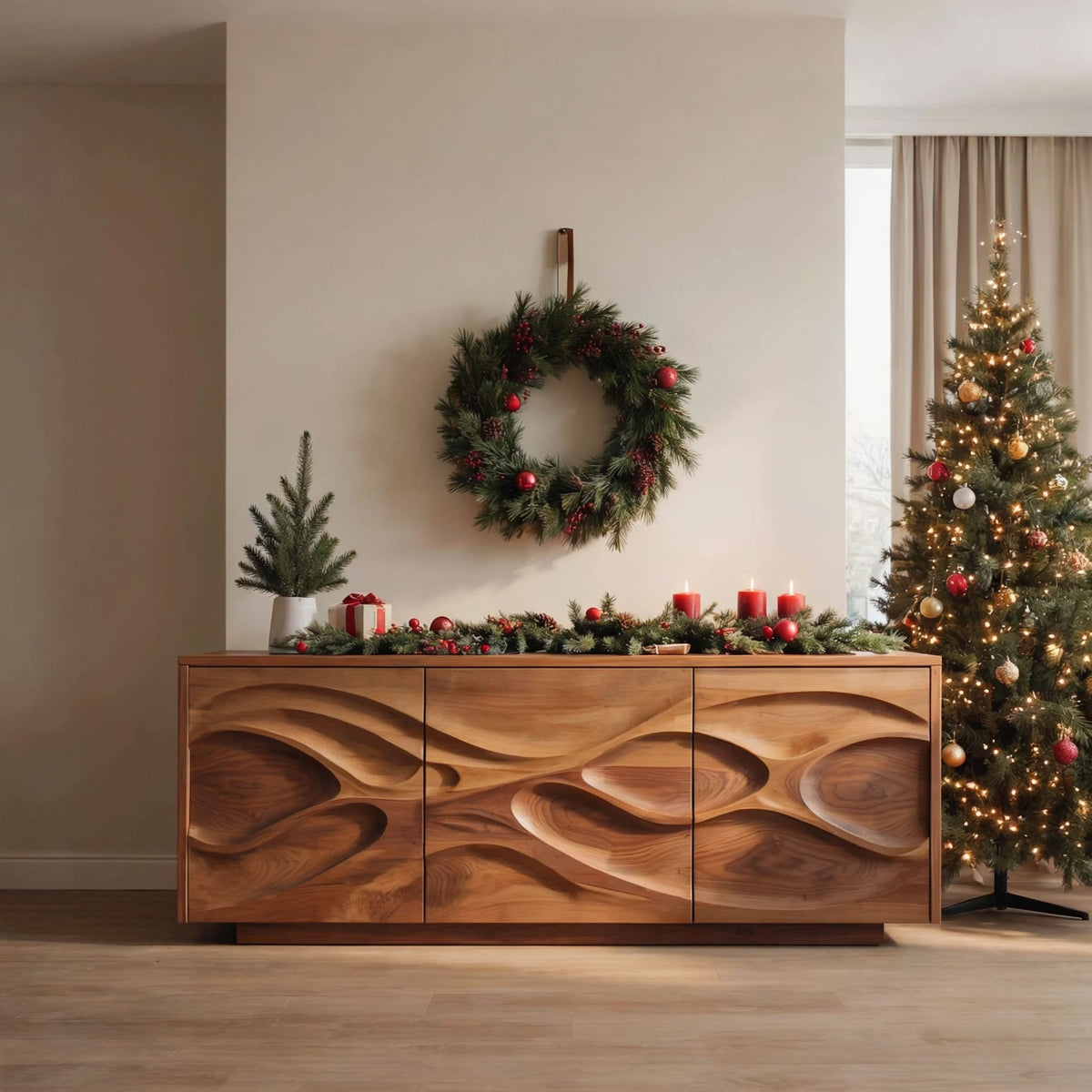 Artistic solid wood buffet cabinet displayed in a Scandinavian interior