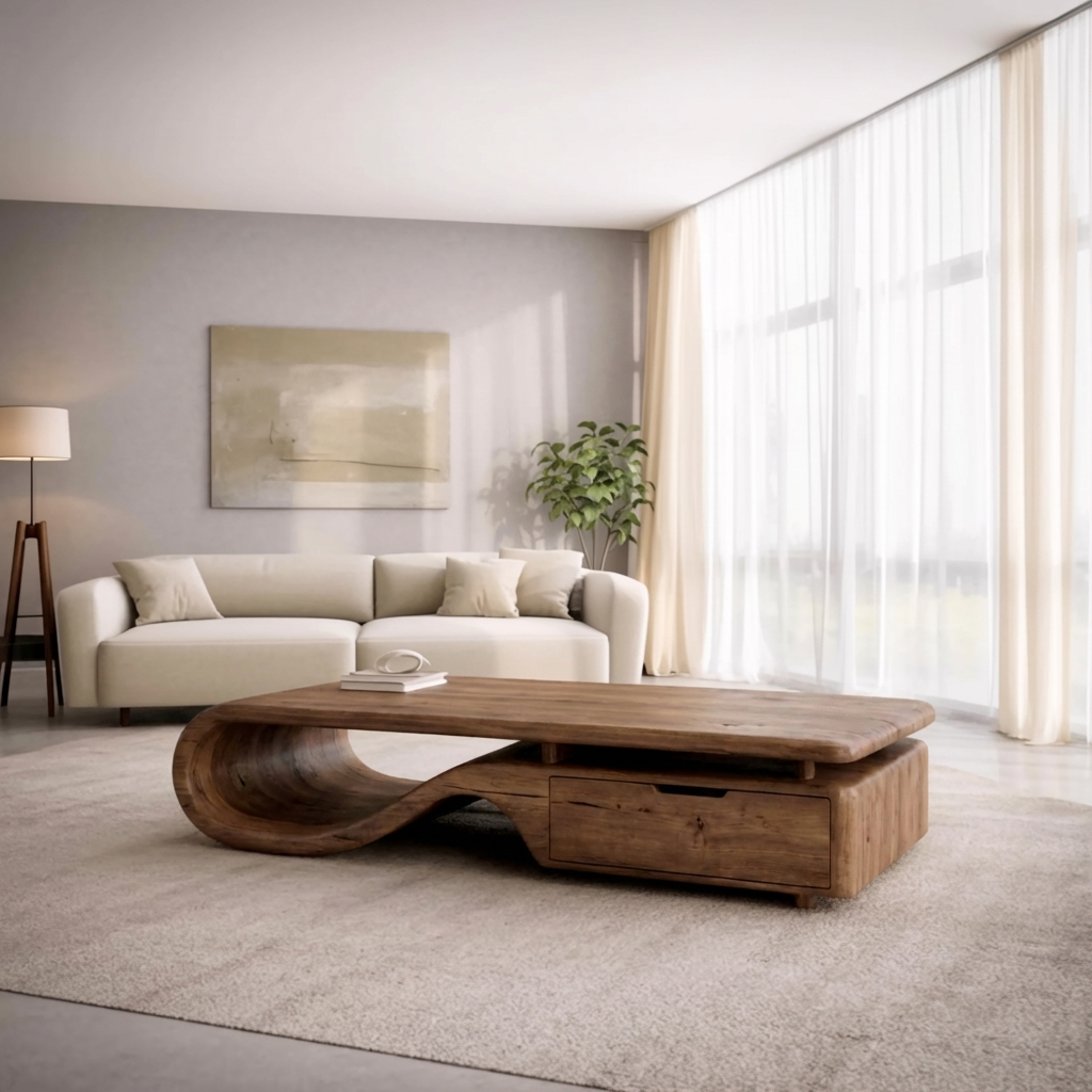 Handcrafted Sculptural Solid Wood Coffee Table with Storage