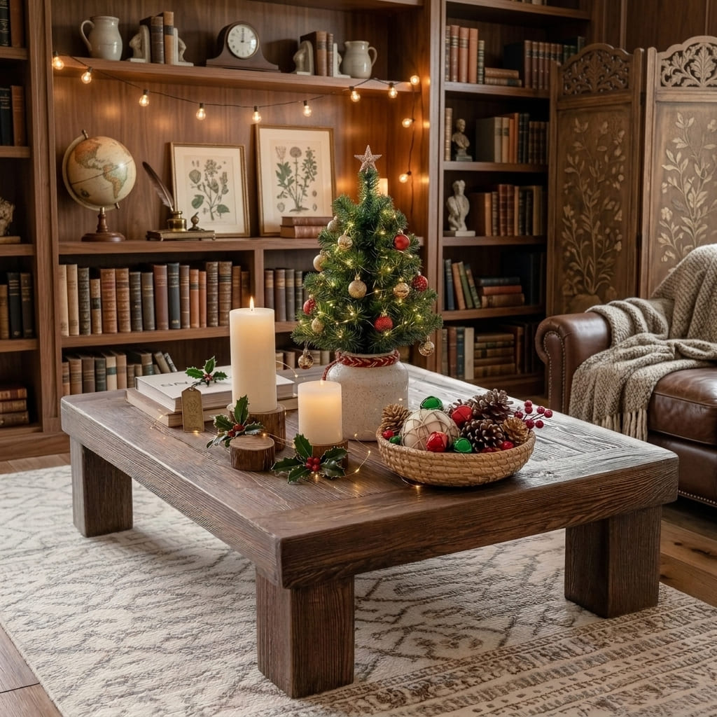 Handcrafted solid wood block coffee table in a modern living room