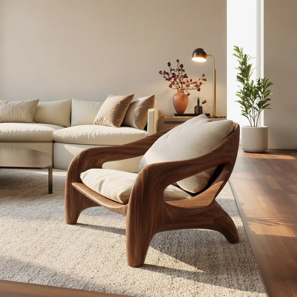 Handcrafted solid wood lounge chair with sculptural accent design