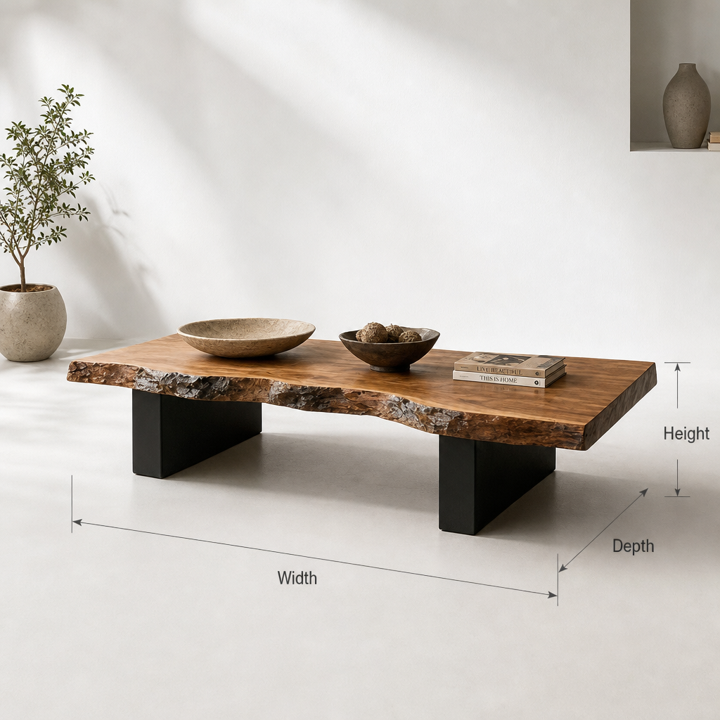 Handcrafted Live Edge Wood Coffee Table with Natural Root Base - Rustic Solid Wood Sofa Table
