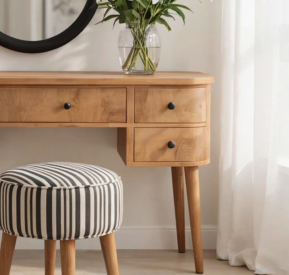 Solid wood makeup vanity featuring functional drawers and handcrafted details