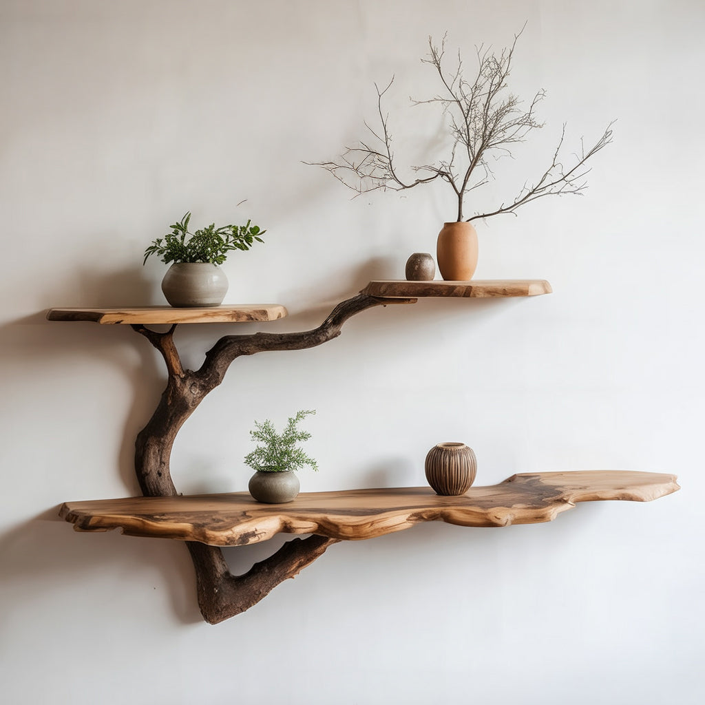Tree Branch Floating Bookshelf – Reclaimed Solid Wood Wall Shelf