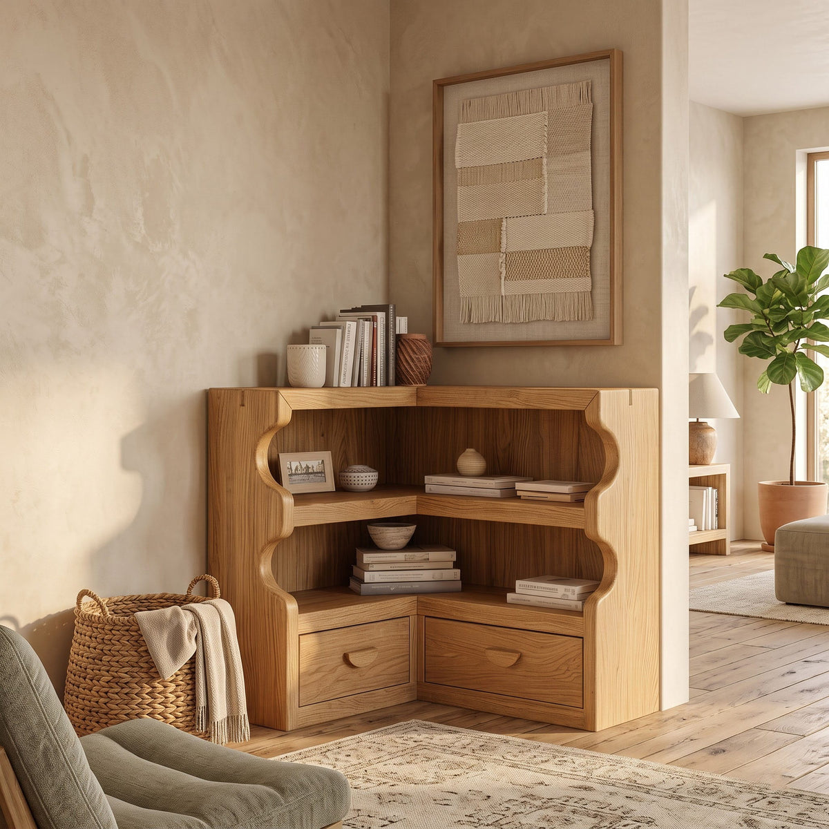 Japandi solid wood scalloped corner bookshelf in a contemporary living room
