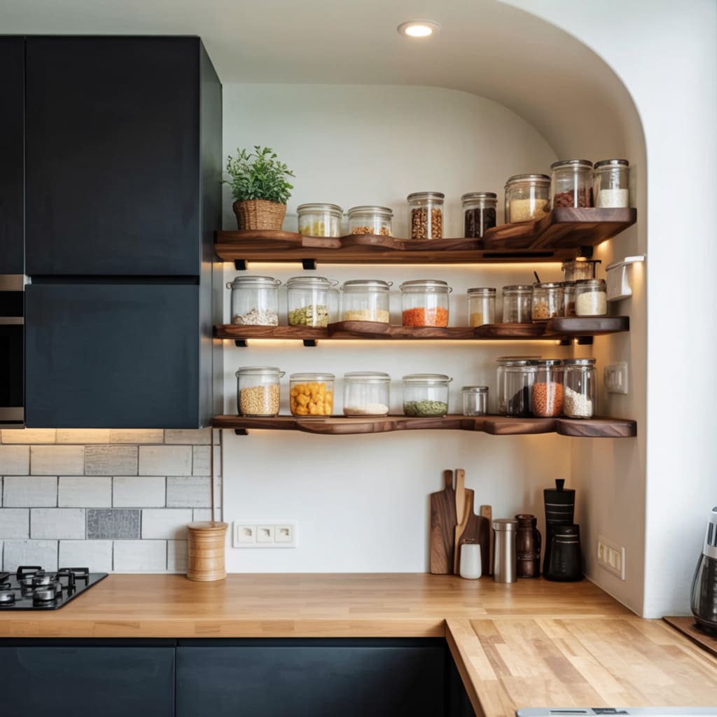 Modern solid wood corner floating shelf with LED lighting in a minimalist kitchen