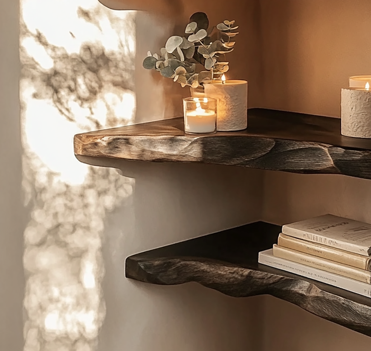 Floating corner shelf decor with live edge wood finish