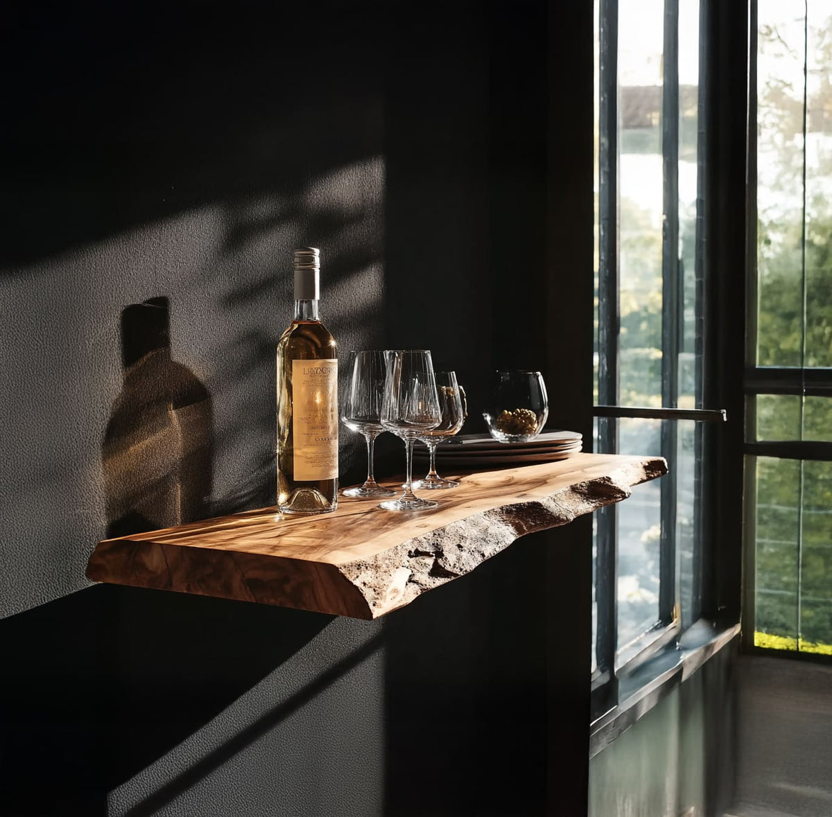 Handcrafted wine wall shelf displaying bottles and glassware in a home bar