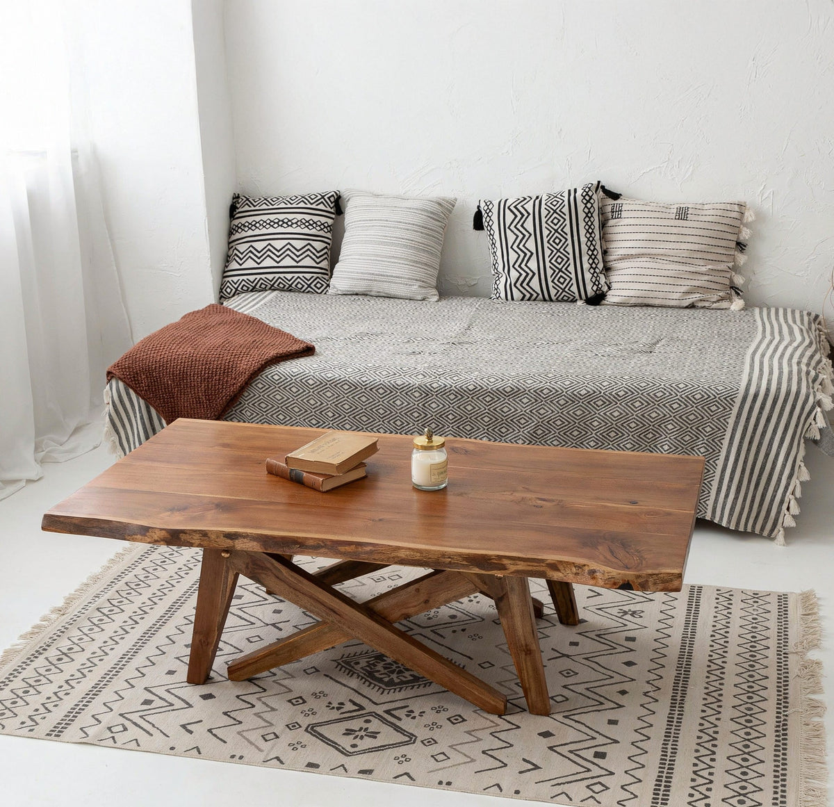 Live edge coffee table crafted from premium solid wood with an X-base design