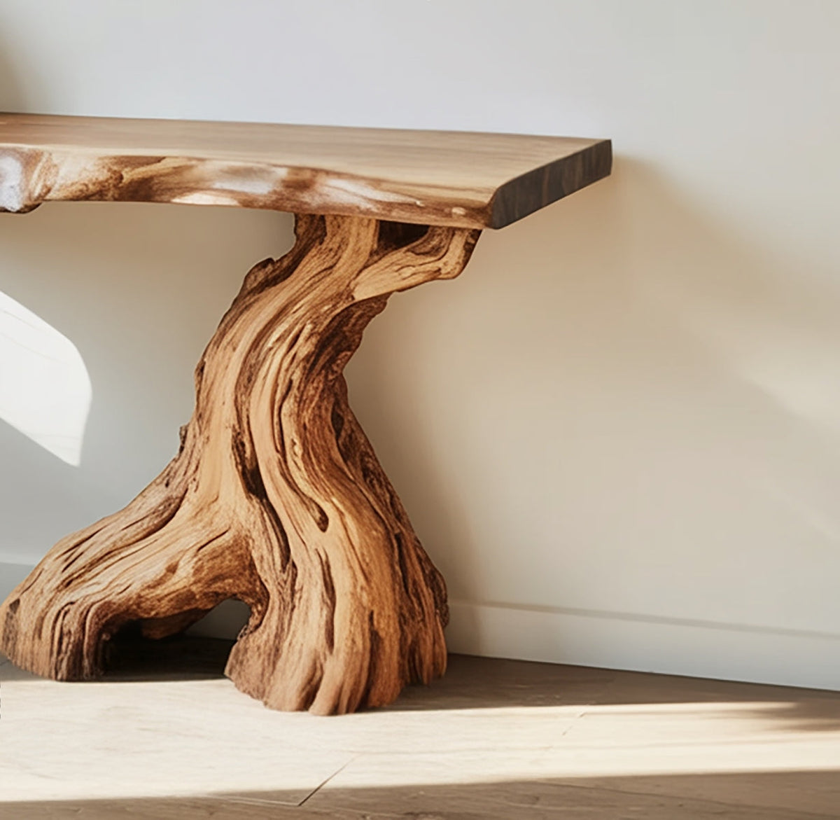 Organic tree trunk console table featuring natural live edge wood grain