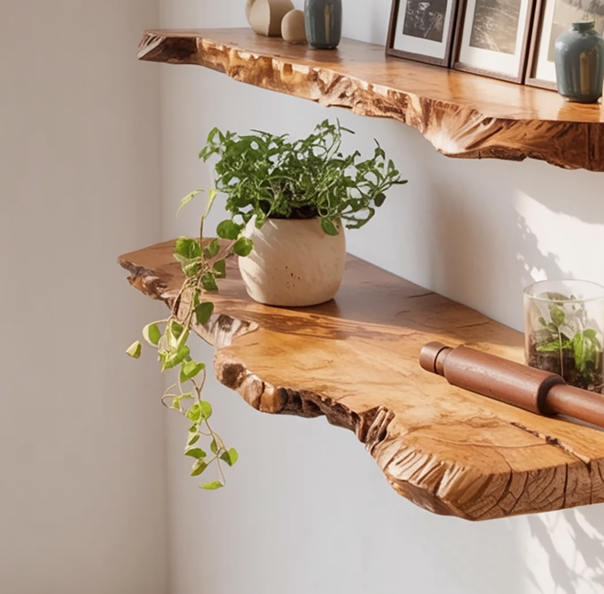 Organic wall shelf made from solid natural wood