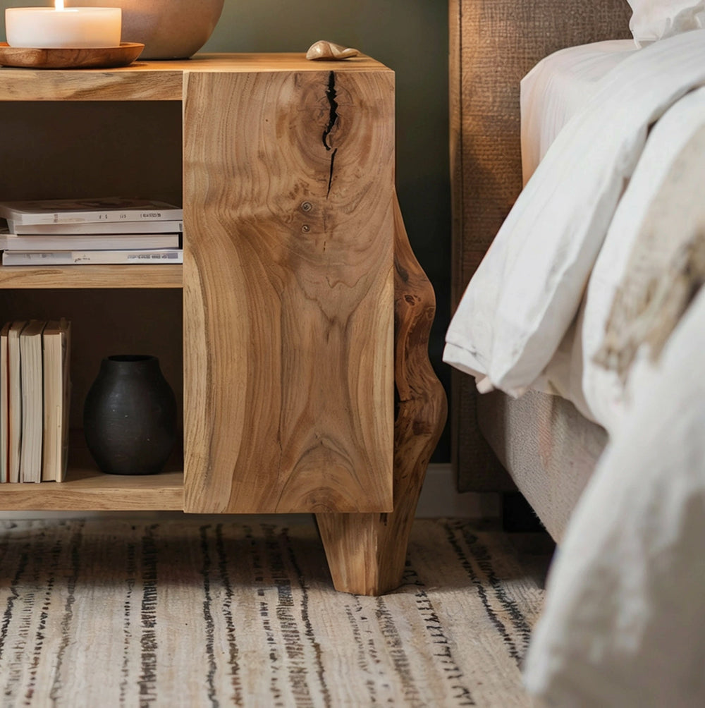 Organic modern bedside table featuring handcrafted live edge details and natural wood grain