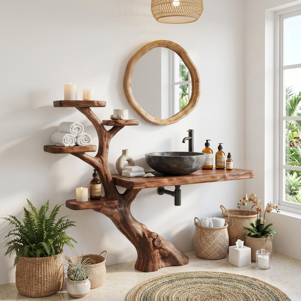 Live edge solid wood vanity base in a modern bathroom