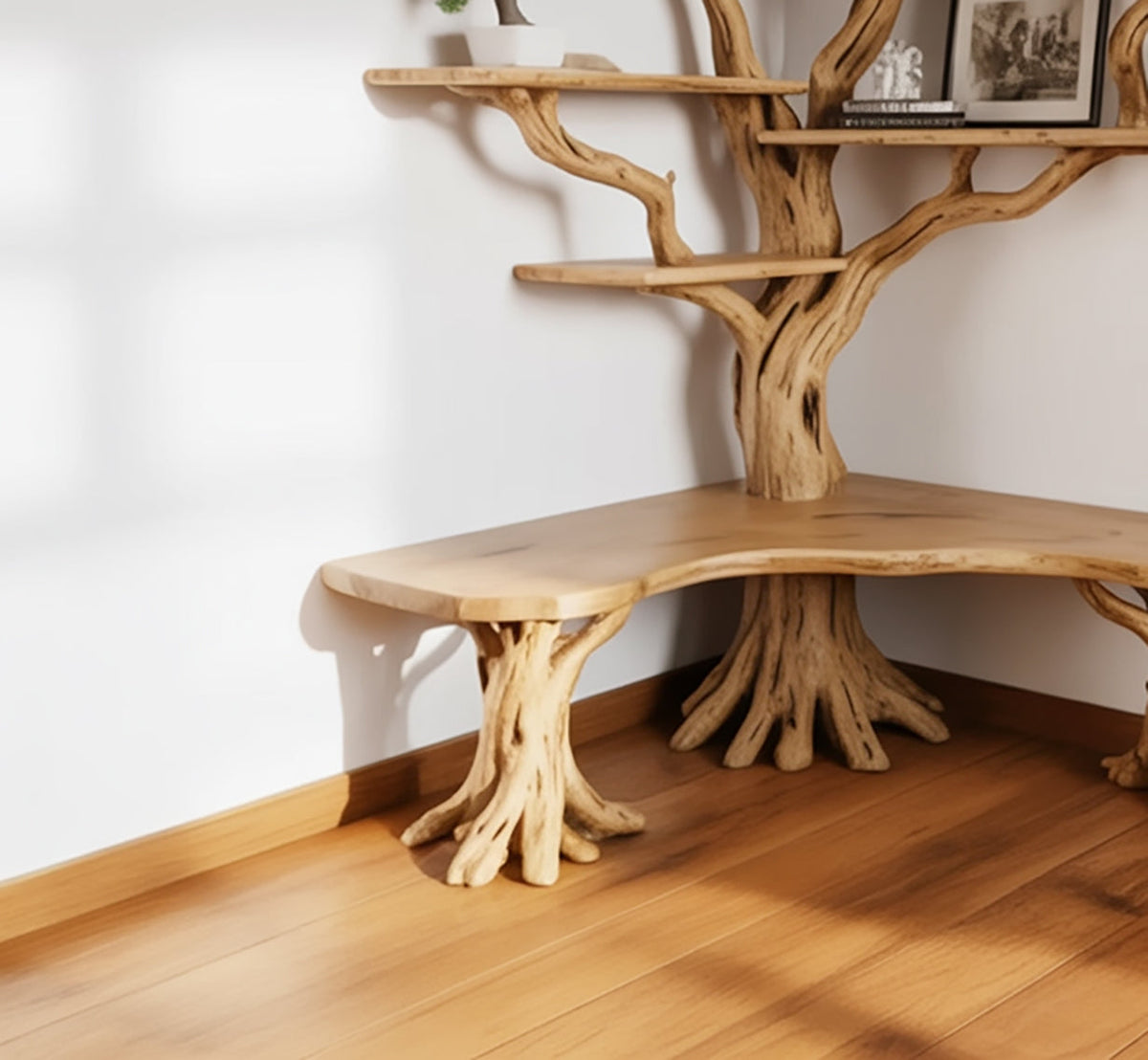 Corner tree bookshelf with a matching wooden bench base displaying picture frames