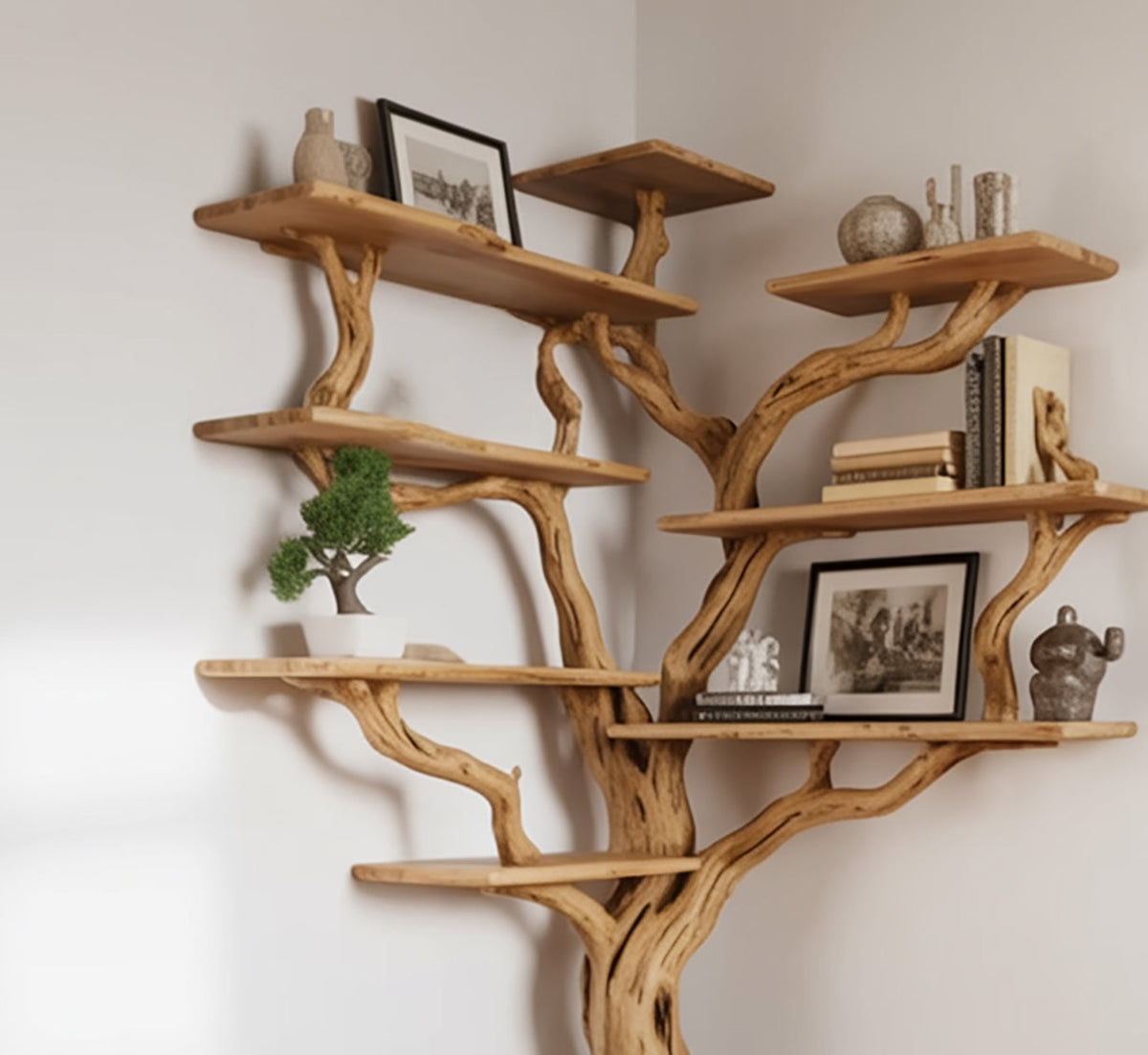 Sculptural wooden corner tree wall shelf