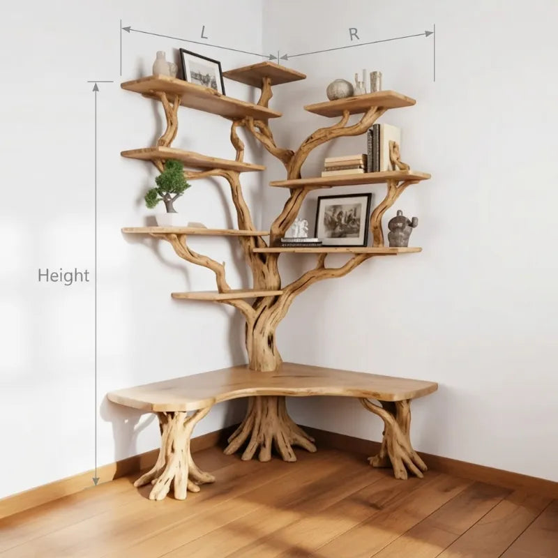 Live Edge Tree Shaped Corner Bookshelf – Solid Wood Sculptural Floating Shelf