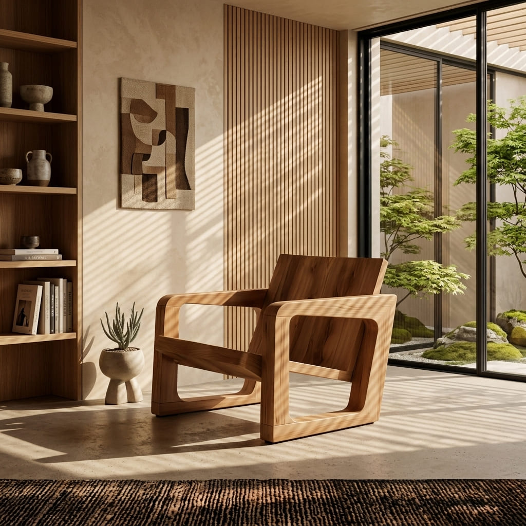 Solid wood chaise lounge displayed in a contemporary reading nook with natural light