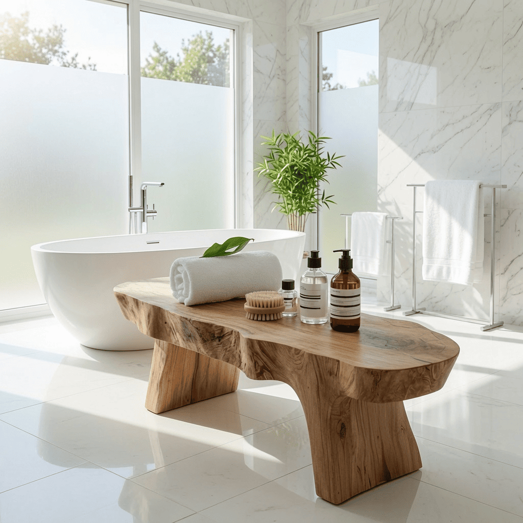 Handcrafted wooden spa bench creating a relaxing wellness space