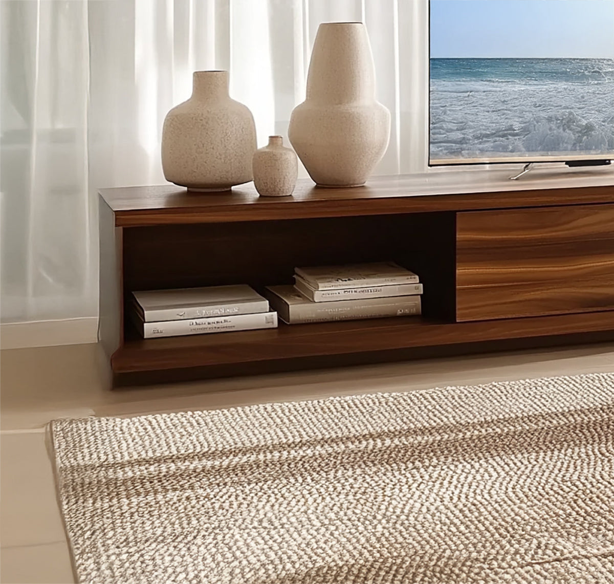 Low profile TV stand with modern solid wood design