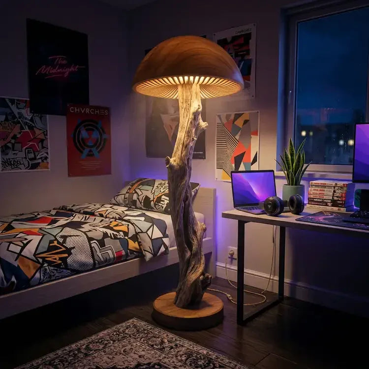 Mushroom floor lamp with driftwood stem and carved wood base in modern bedroom