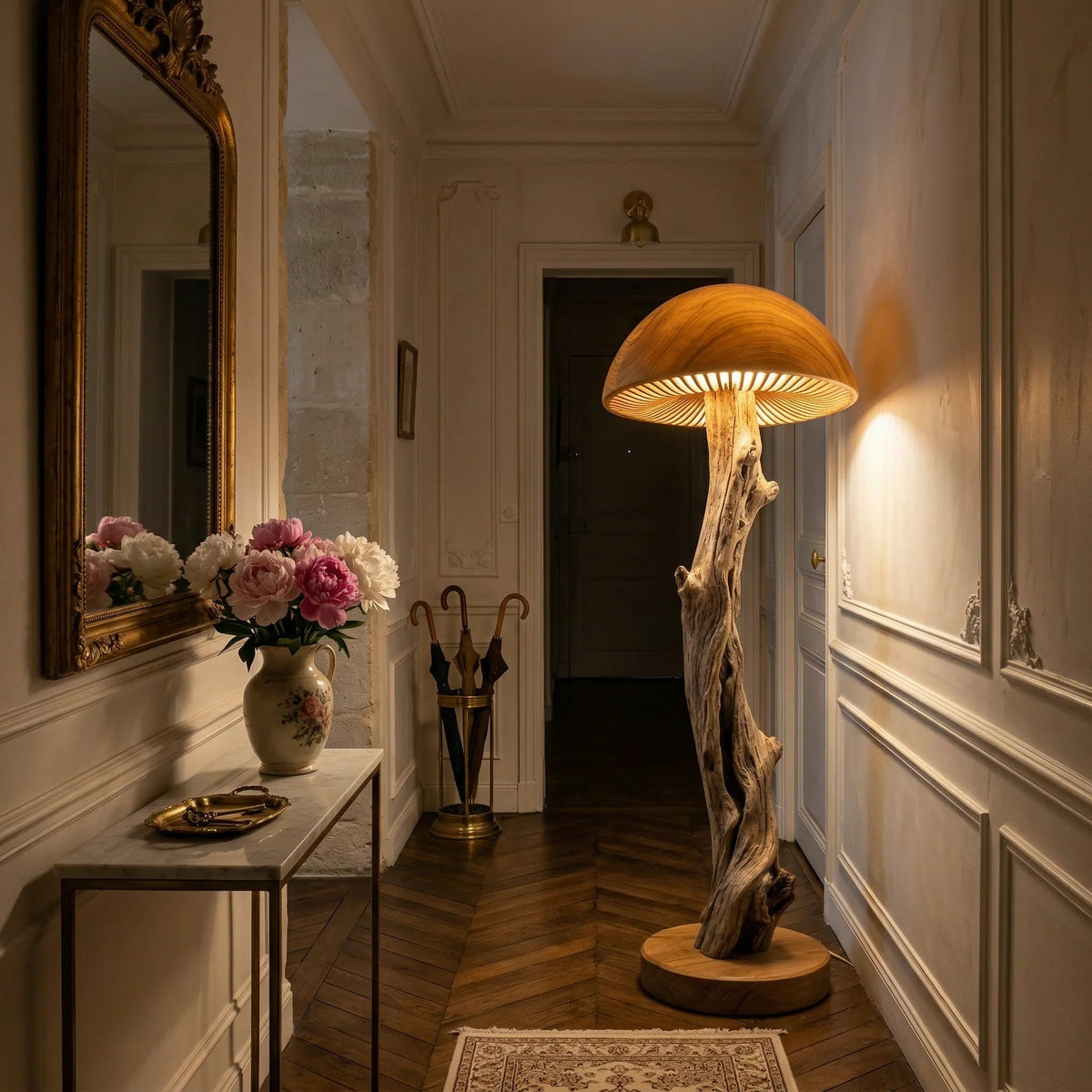 Mushroom floor lamp with bleached driftwood stem and carved wood base in elegant hallway