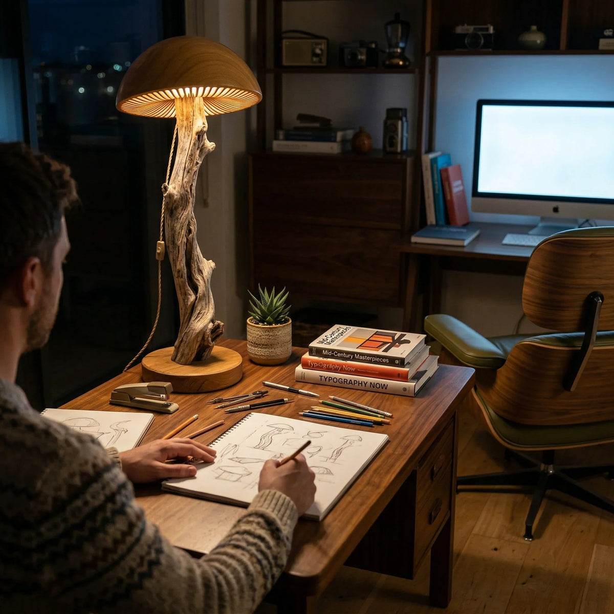 Mushroom floor lamp with bleached driftwood stem on a wooden desk in a cozy home office.