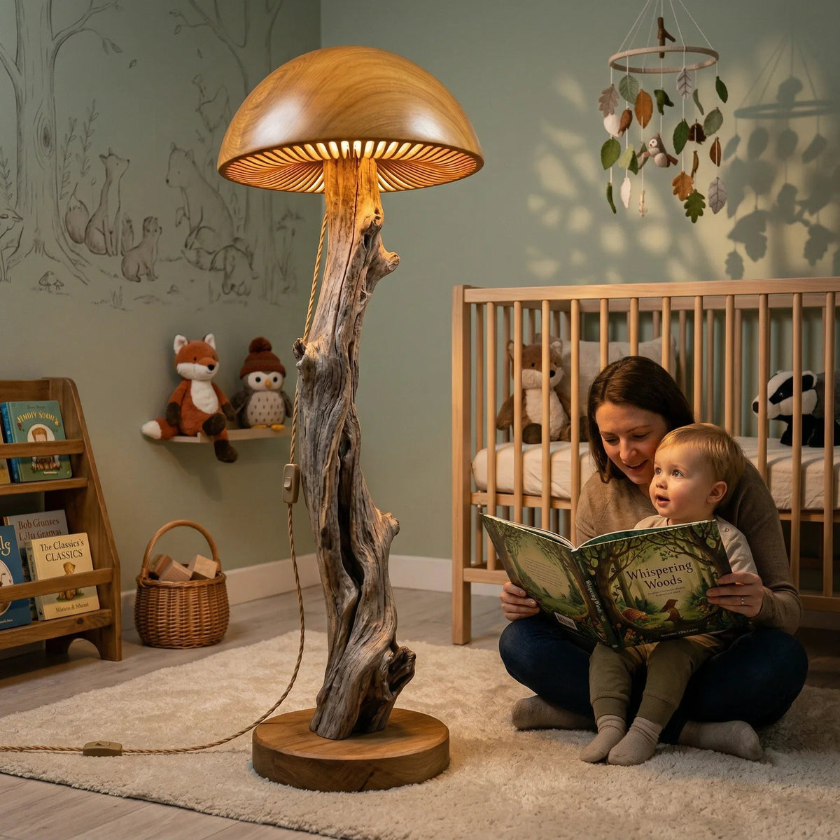 Mushroom floor lamp with bleached driftwood stem and wood base beside mother reading to child in cozy nursery.