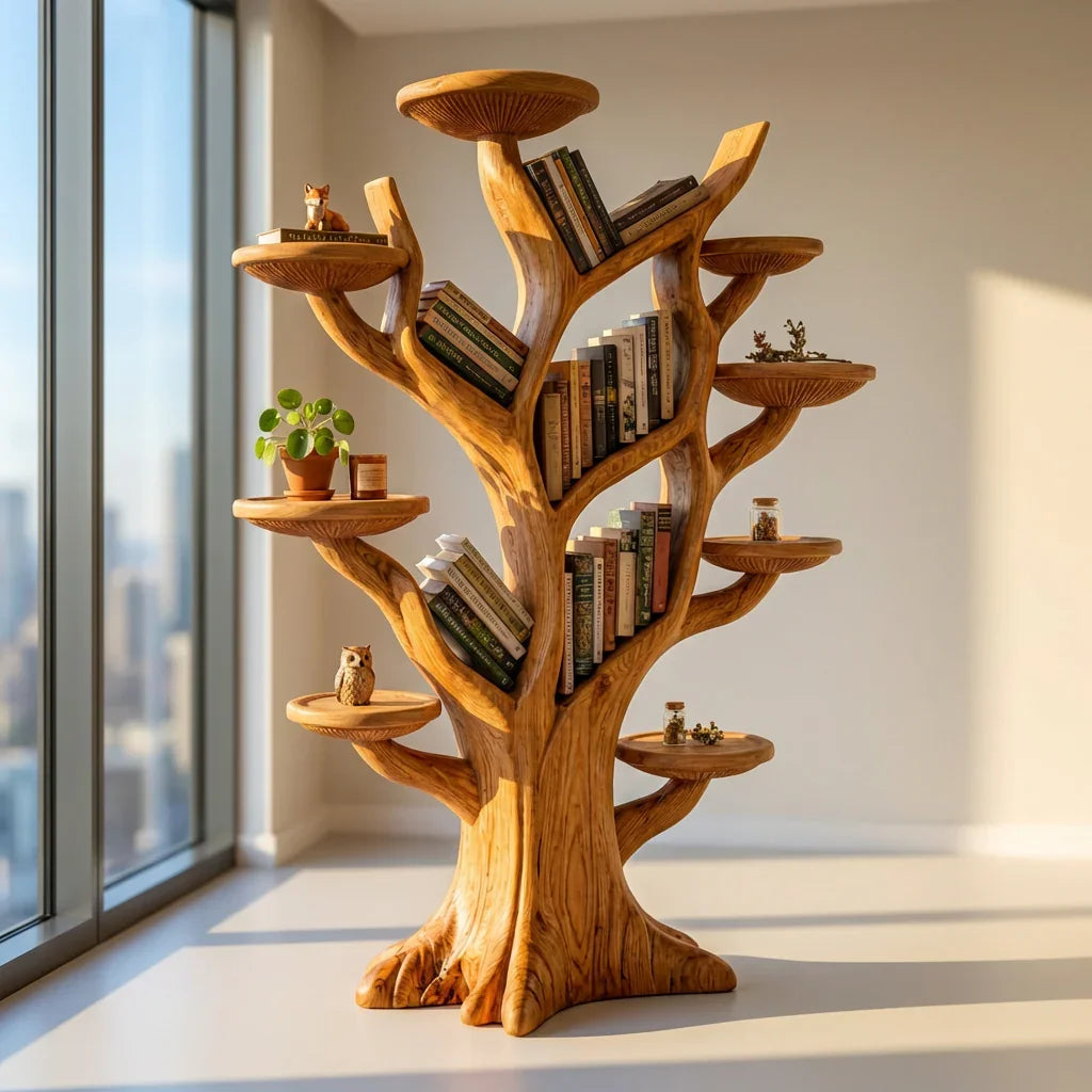 Mushroom Tree Bookshelf Freestanding with Branch Shelves and Mushroom Cap Platforms, Handcrafted Solid Wood Floor Bookcase for Living Room, Office, Library, Nursery - Ashdeco 2026