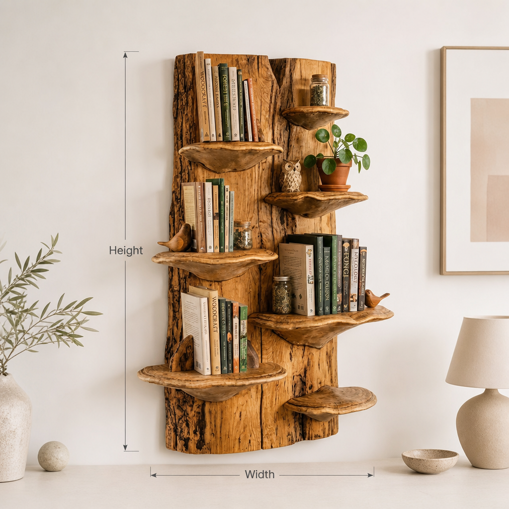 Handcrafted live edge solid wood mounted mushroom slab wall bookshelf display