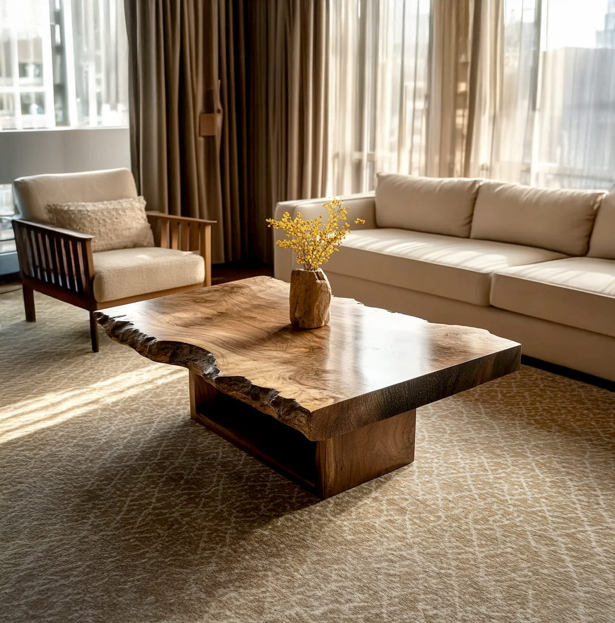 Irregular solid wood coffee table styled in a contemporary living room