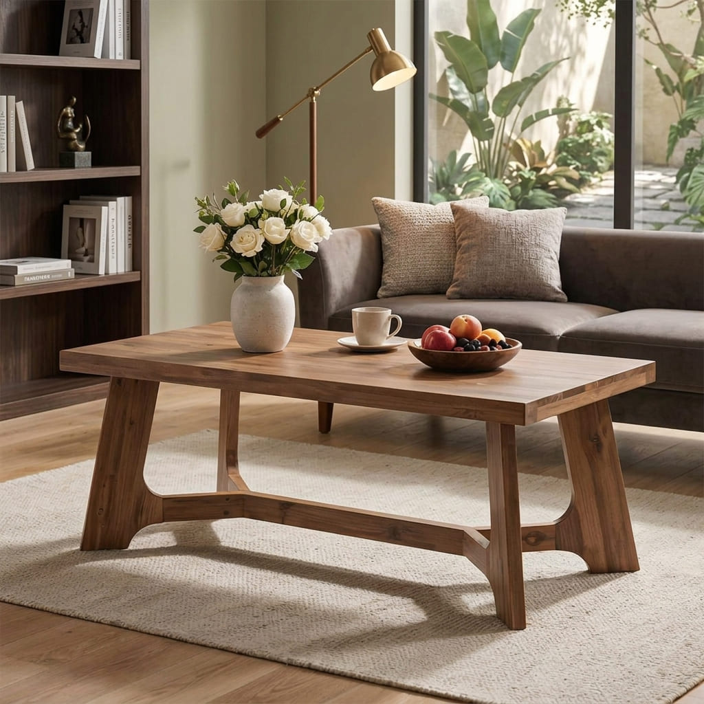 Sculptural wooden coffee table with artistic X-shaped pedestal in solid wood