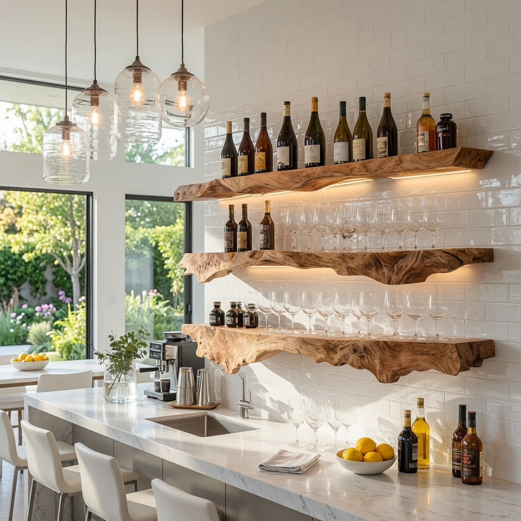 Natural edge solid wood wave wall shelf in a modern kitchen