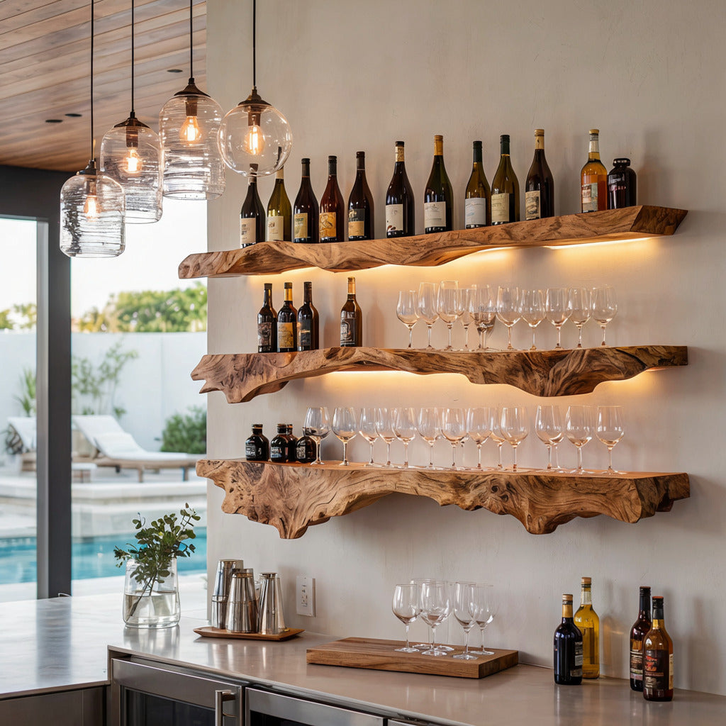 Modern natural edge floating wall shelf crafted from hardwood