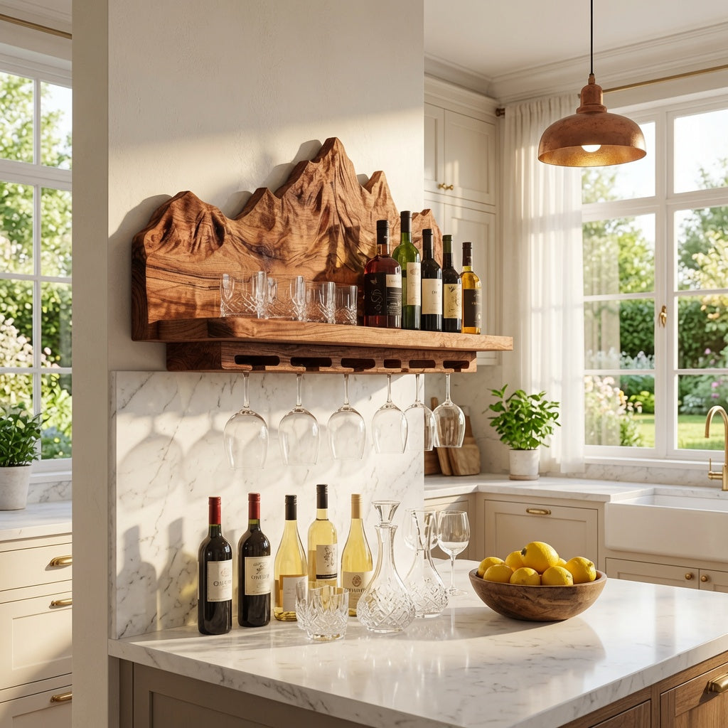 Handcrafted mountain wine shelf crafted from solid wood