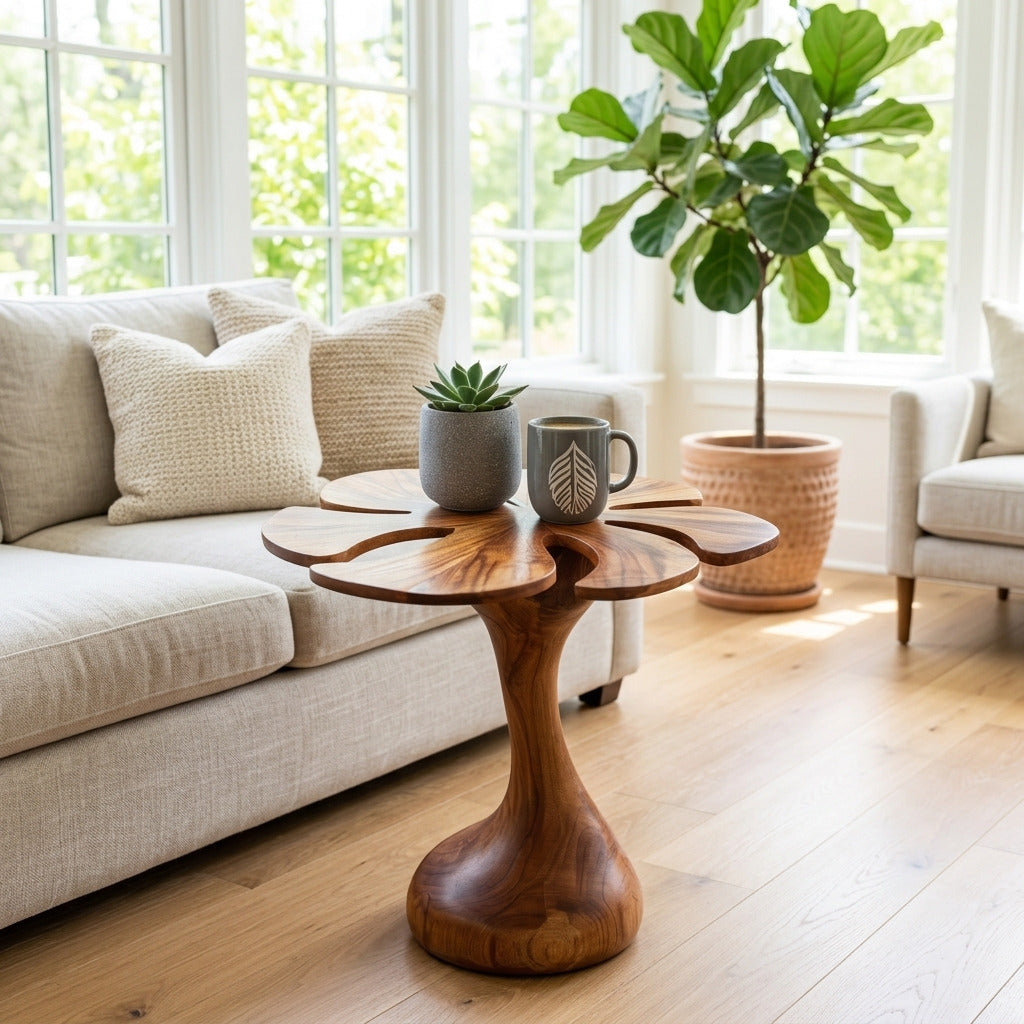 Organic flower petal solid wood end table beside a modern sofa