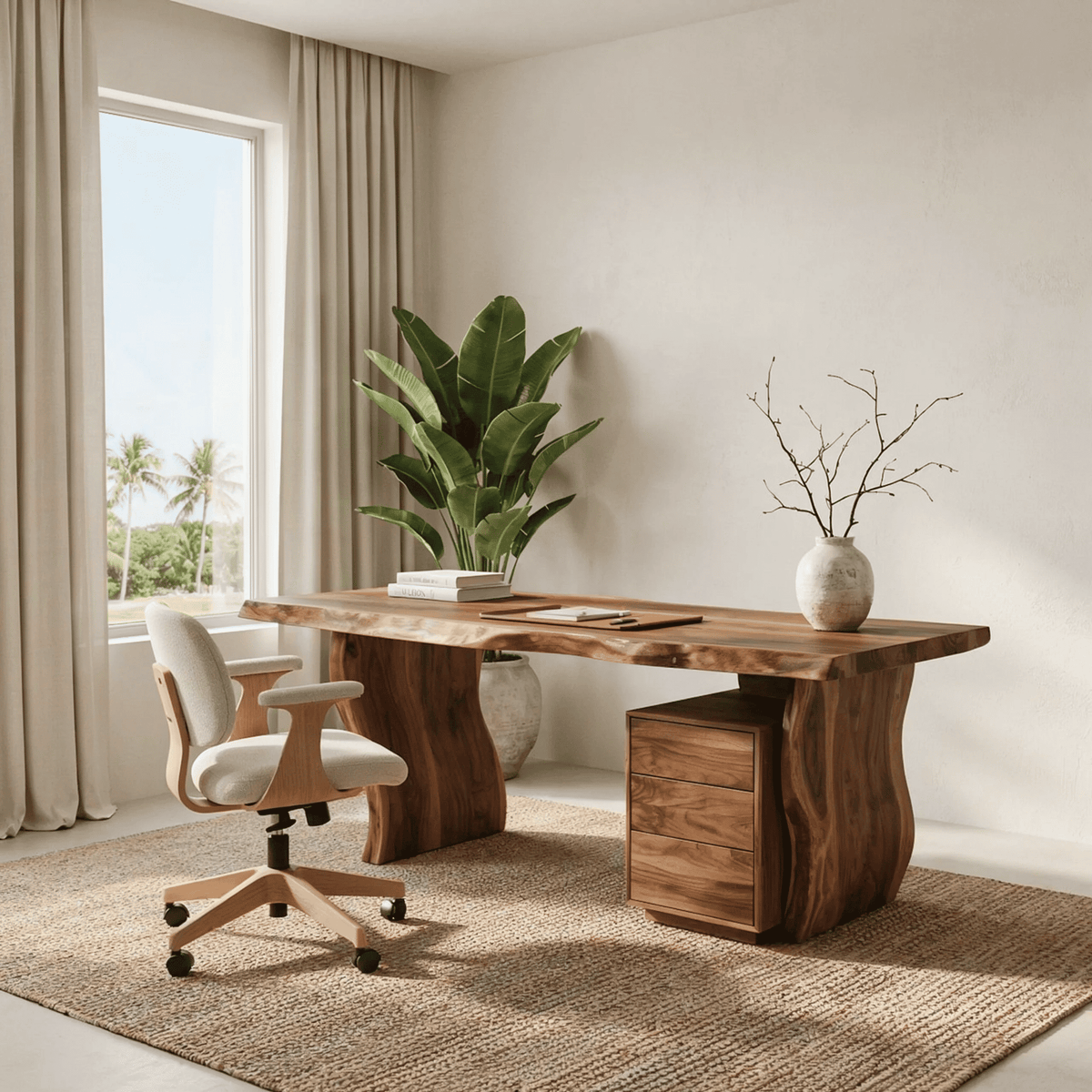 Live edge solid wood desk with storage styled in a contemporary home office