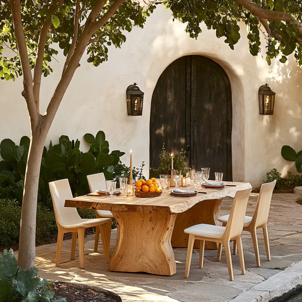 Live edge solid wood outdoor dining table styled in a lush garden setting