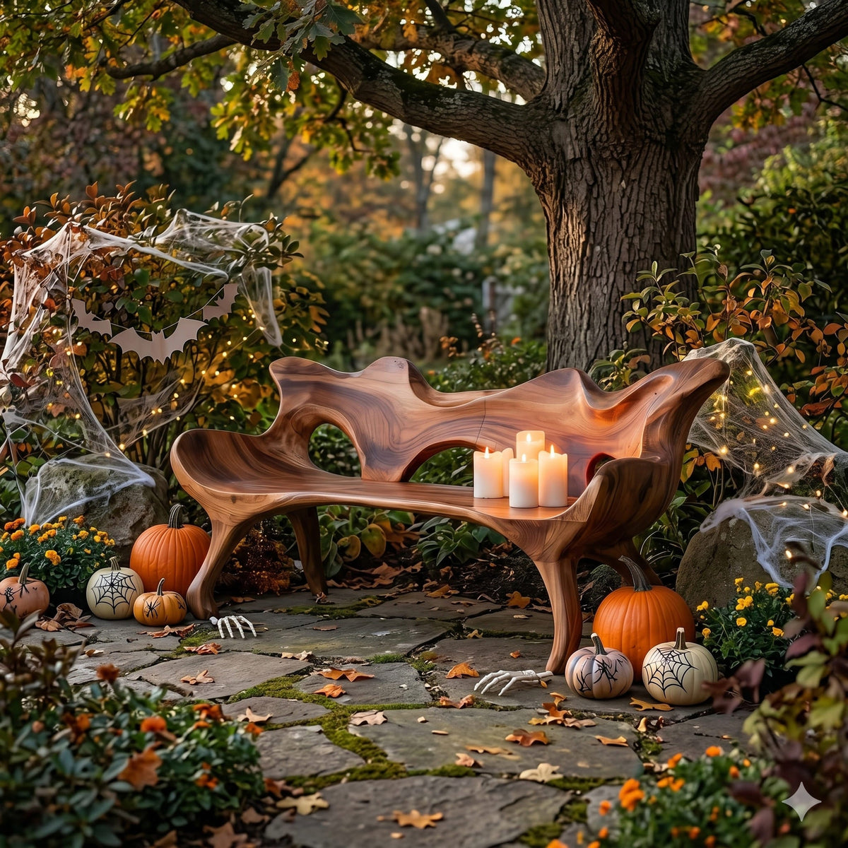 Sculptural live edge wooden bench adding Halloween charm to a modern outdoor space