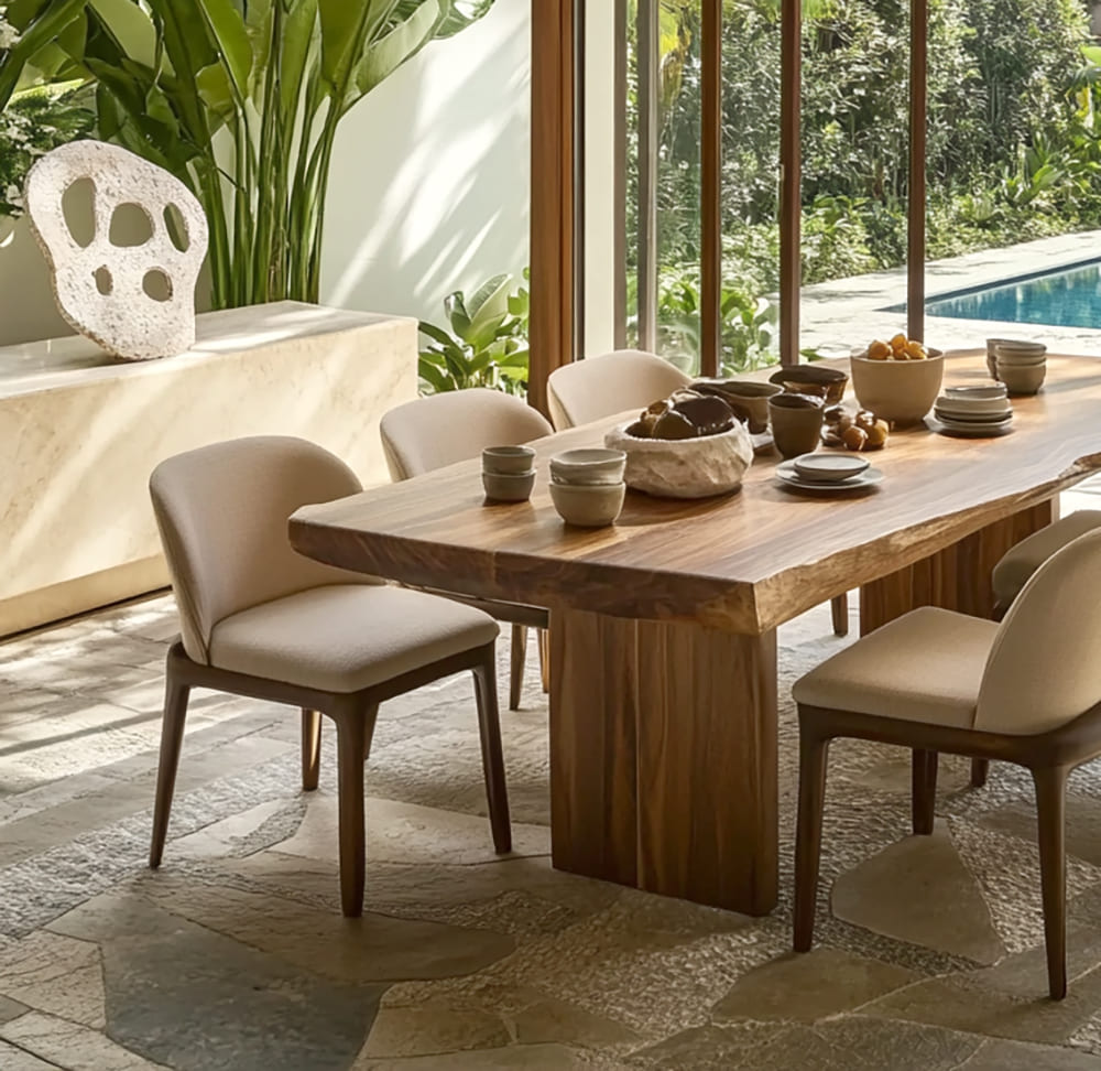 Sculptural Japandi dining table featuring a handcrafted live edge solid wood design