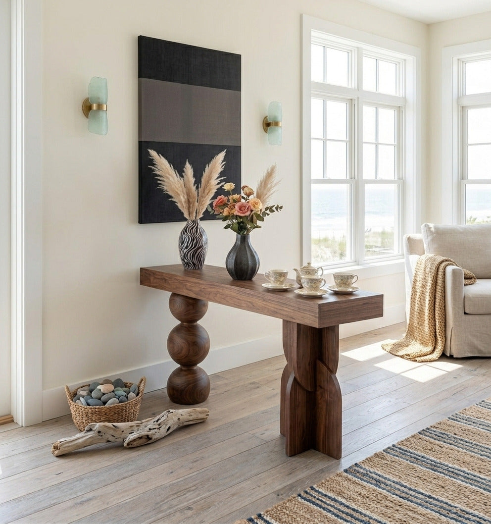 Organic solid wood entryway console in a luxury apartment