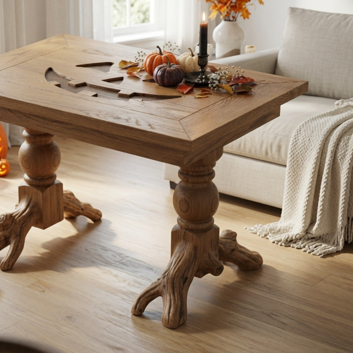 Artisan handcrafted wooden coffee table with tree root design
