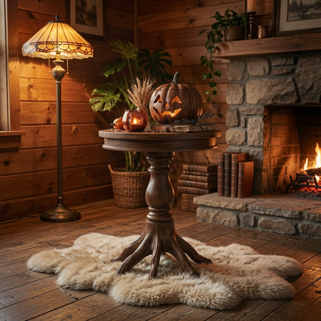 Rustic tree root end table beside a sofa in a modern farmhouse living room