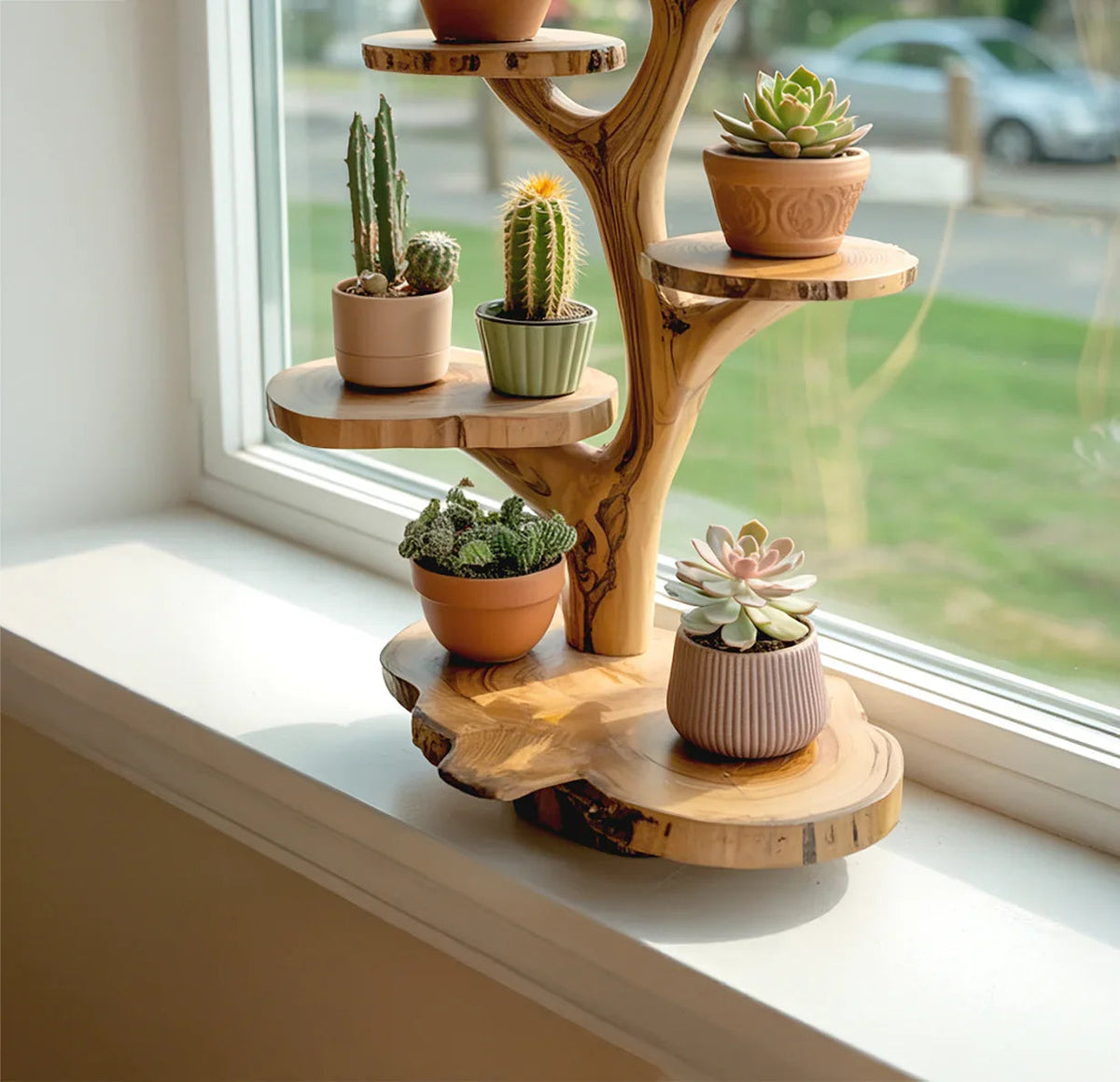 Natural wood cactus and succulent stand in tree shape for home decor