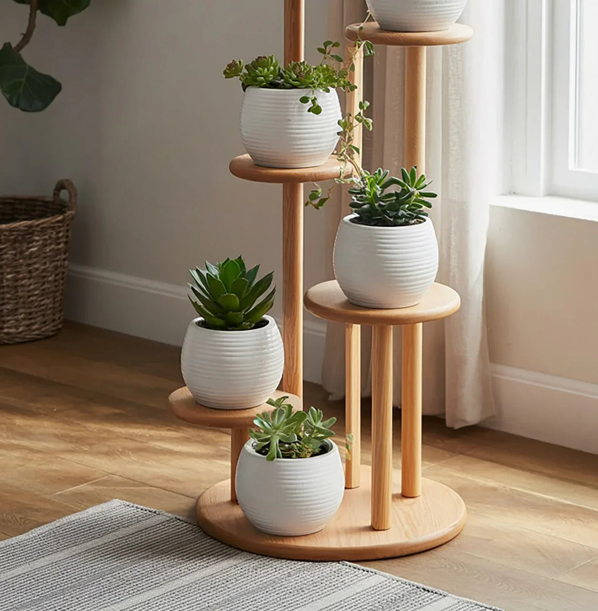Wooden spiral plant stand displaying multiple potted plants vertically