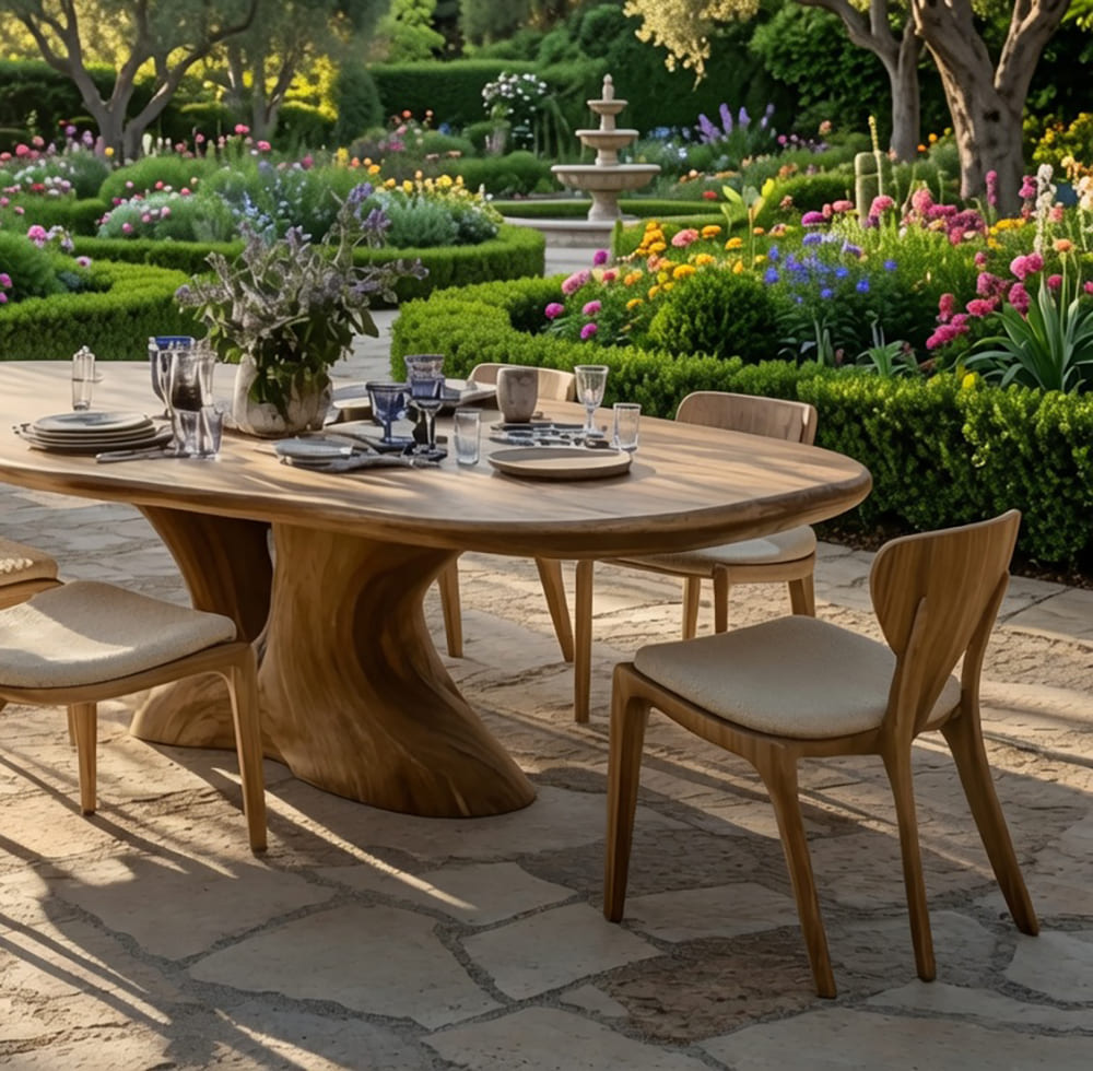 Solid wood garden dining table featuring a timeless rustic design for alfresco entertaining