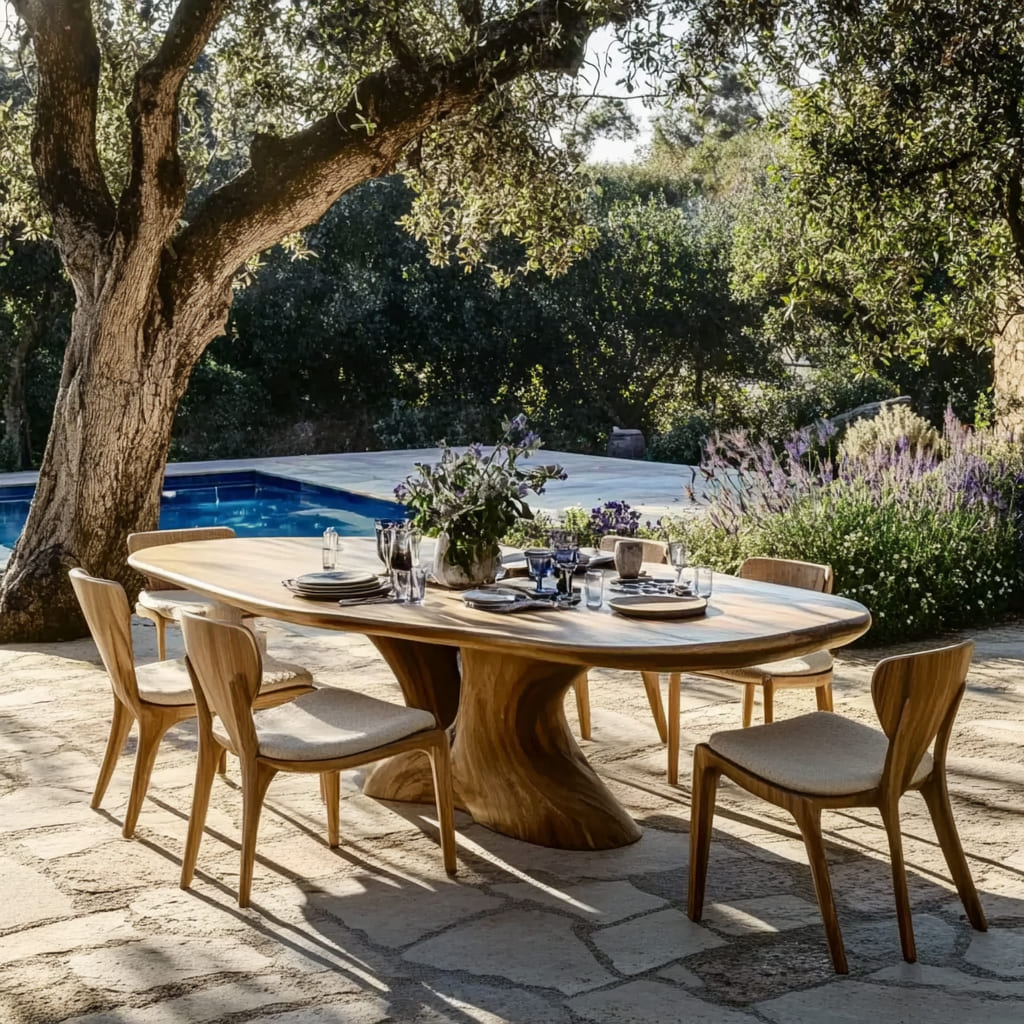 Rustic outdoor dining table crafted from premium solid wood beside a poolside retreat