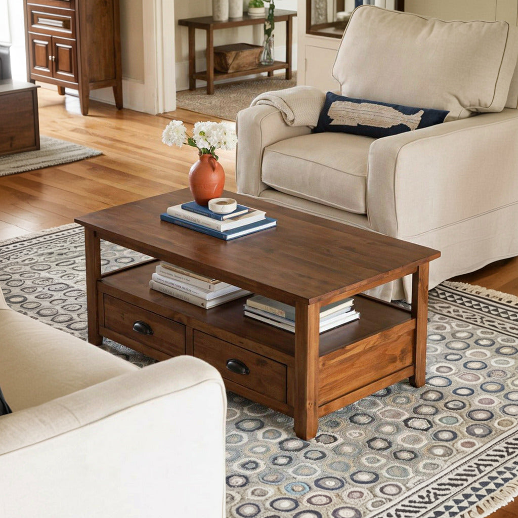 Rustic solid wood coffee table in a cozy living room