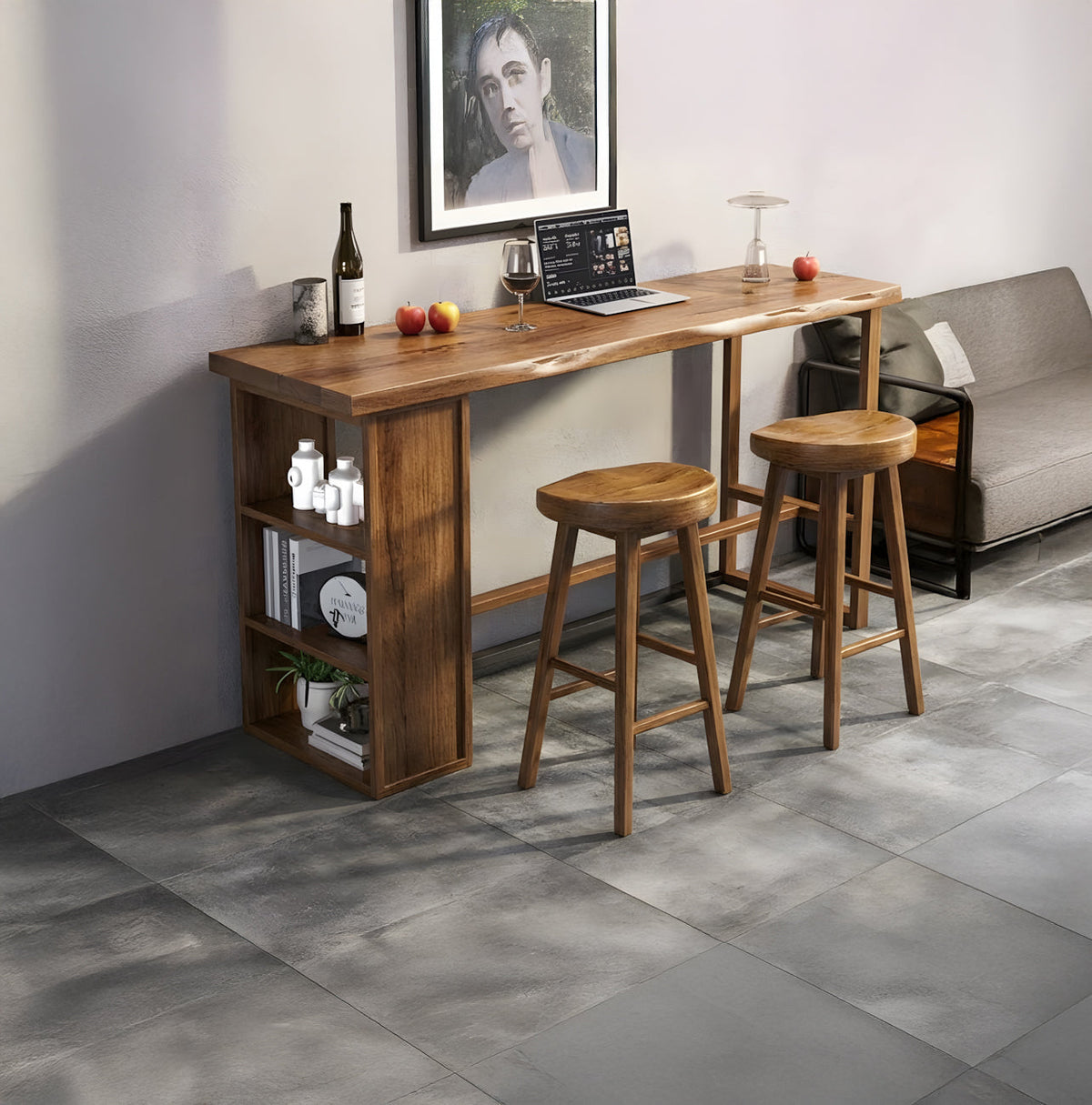 Live edge solid wood bar table and handmade wall shelf table with integrated storage layers