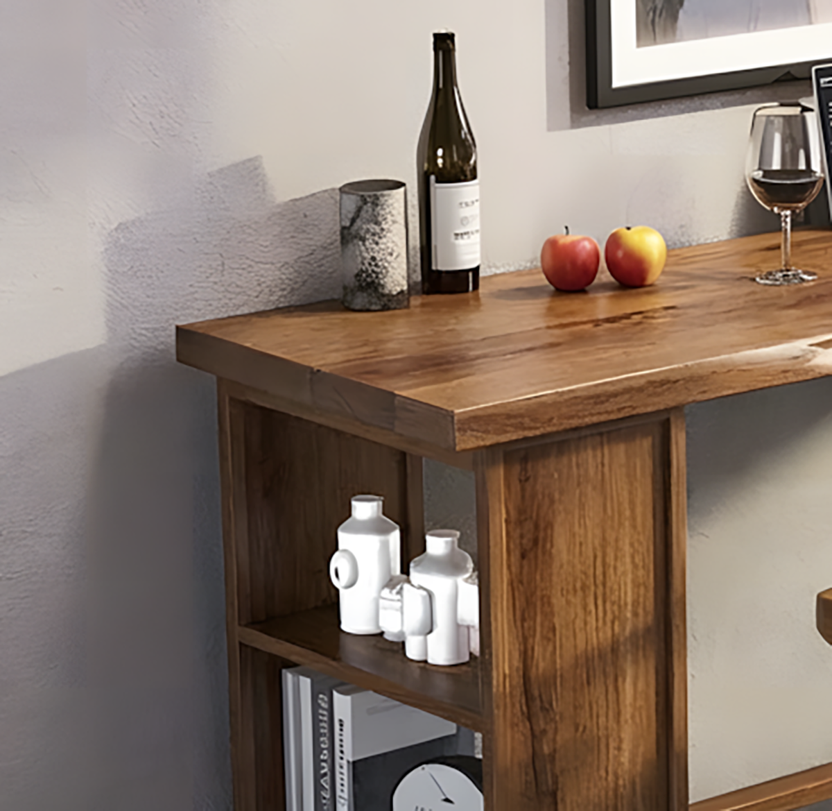 Japandi bar table with built-in bookshelves styled with a laptop and wooden bar stools