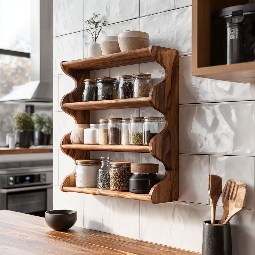 Handcarved scalloped spice rack in solid wood for kitchen wall storage and display